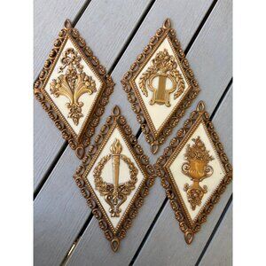 Vtg 4 Pc‎ Gold Ivory Ornate Diamond Wall Plaques Floral Hollywood Regency